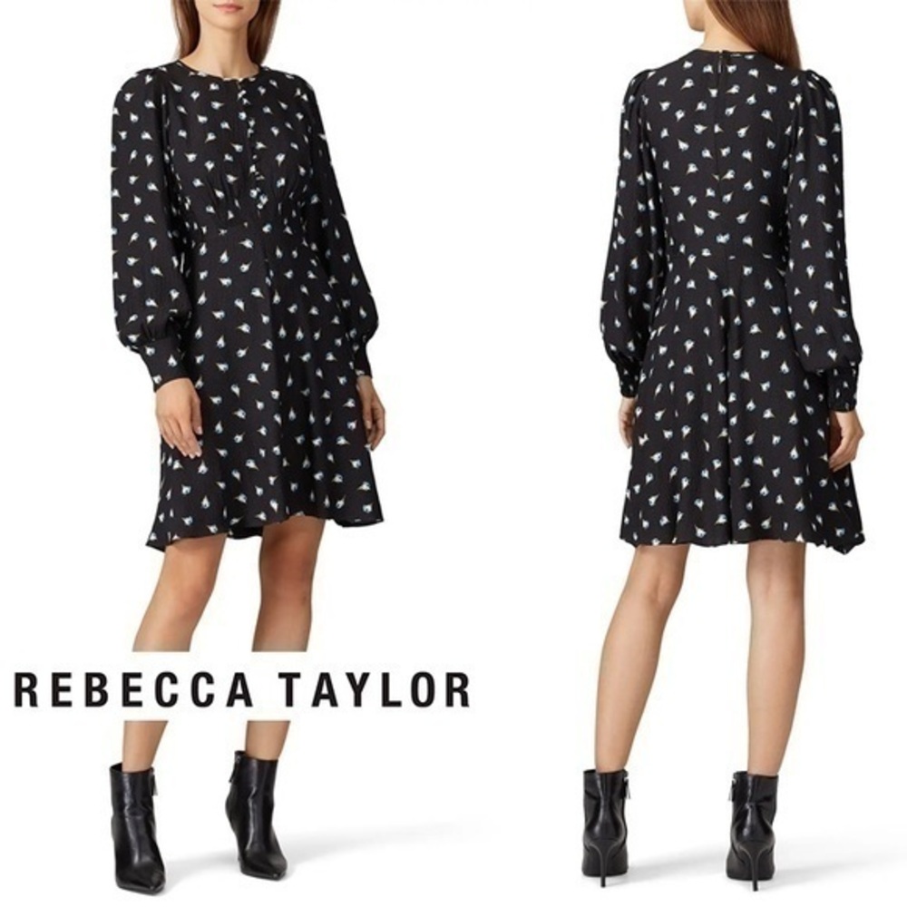 💥SALE💥 Rebecca Taylor NWOT Silk Black Floral Long Sleeve Mini Dress XS (2)